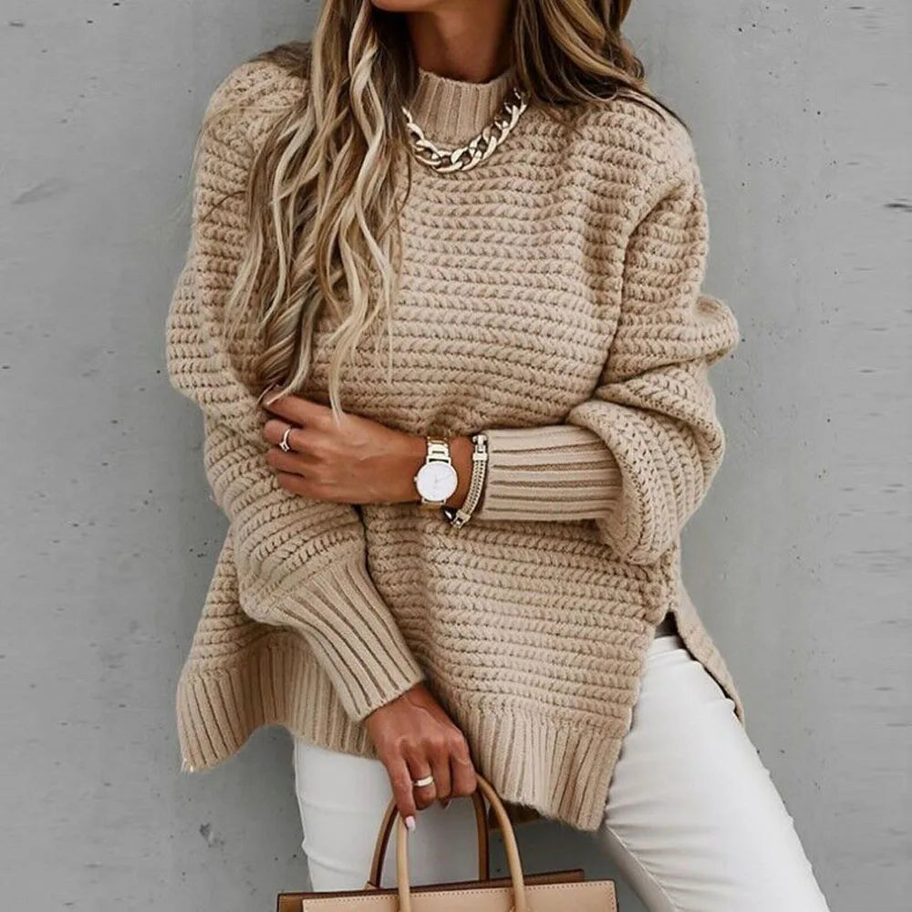 Damen Rollkragenpullover mit langen Laternenärmeln, seitlicher Schlitz