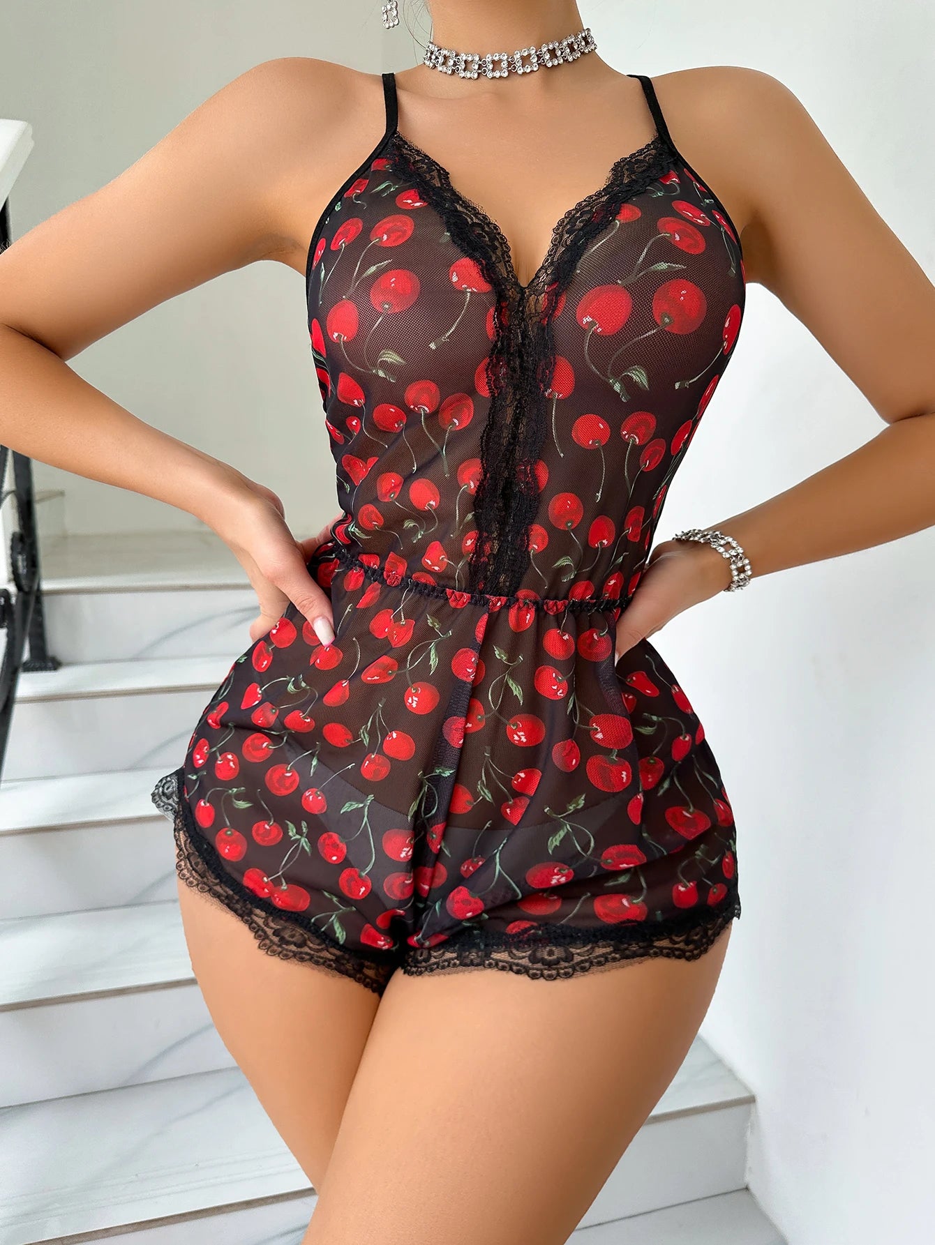 Sexy Pyjama-Strampler mit Blumendruck, sexy Teddy mit Spitzenbesatz für Damen, tiefer V-Ausschnitt, Nachtwäsche