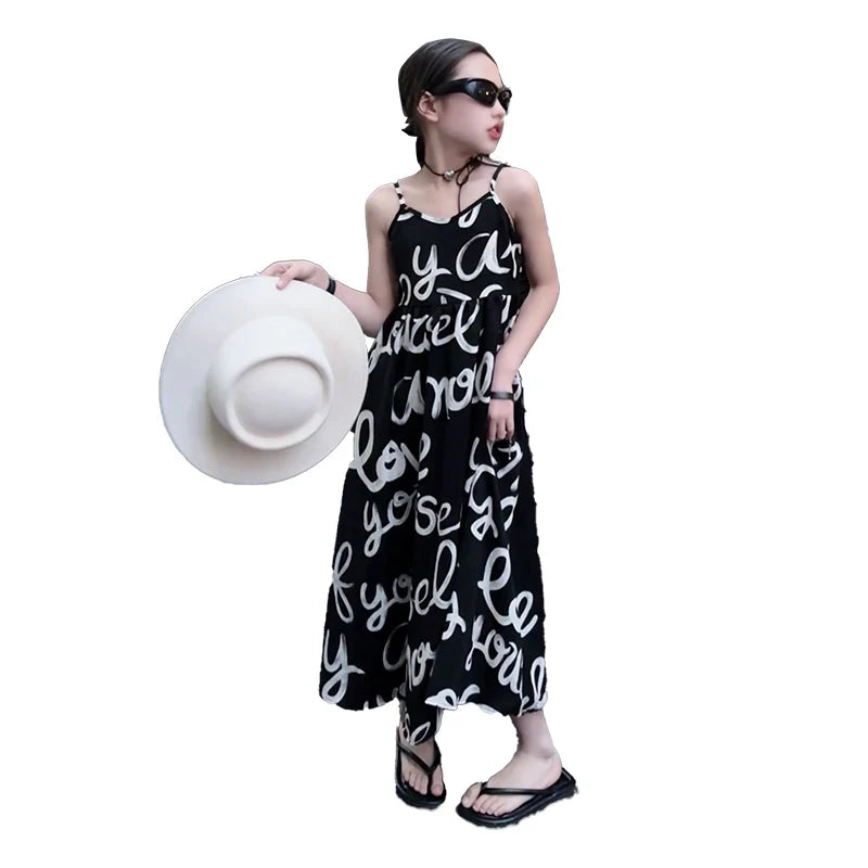 Kinderkleid für Mädchen Buchstabendruck Strandkleid Kinder Vestidos Mode Sling Kleid