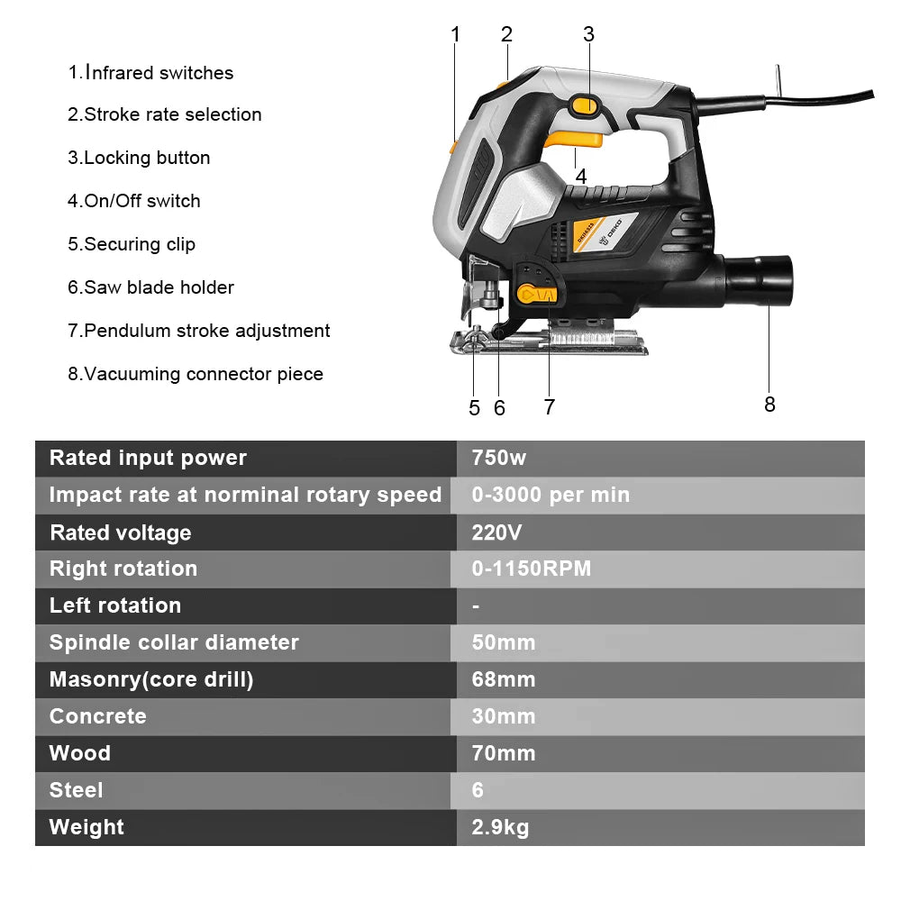 Deko 600-1000w Stichsäge mit variabler Geschwindigkeit 220V