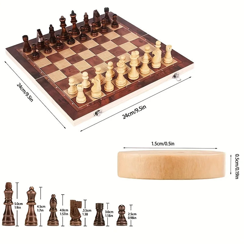 3-in-1-Schachbrett aus Holz (Schach + Dame und Backgammon)