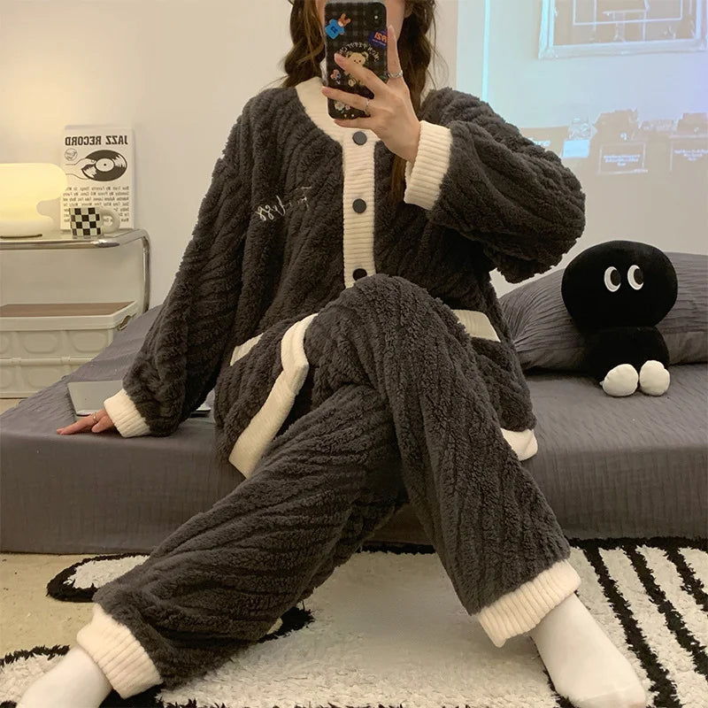 Damen Winter Schlafanzug Pyjama