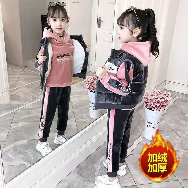 2023 Winter Mädchen Trainingsanzug Kapuzenjacke + streifen Hose 4-12 jahre