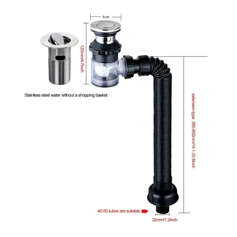 Flip-Top-Abfluss für Küchenspüle, einziehbarer, desodorierender Filter, flexibles Fallrohr
