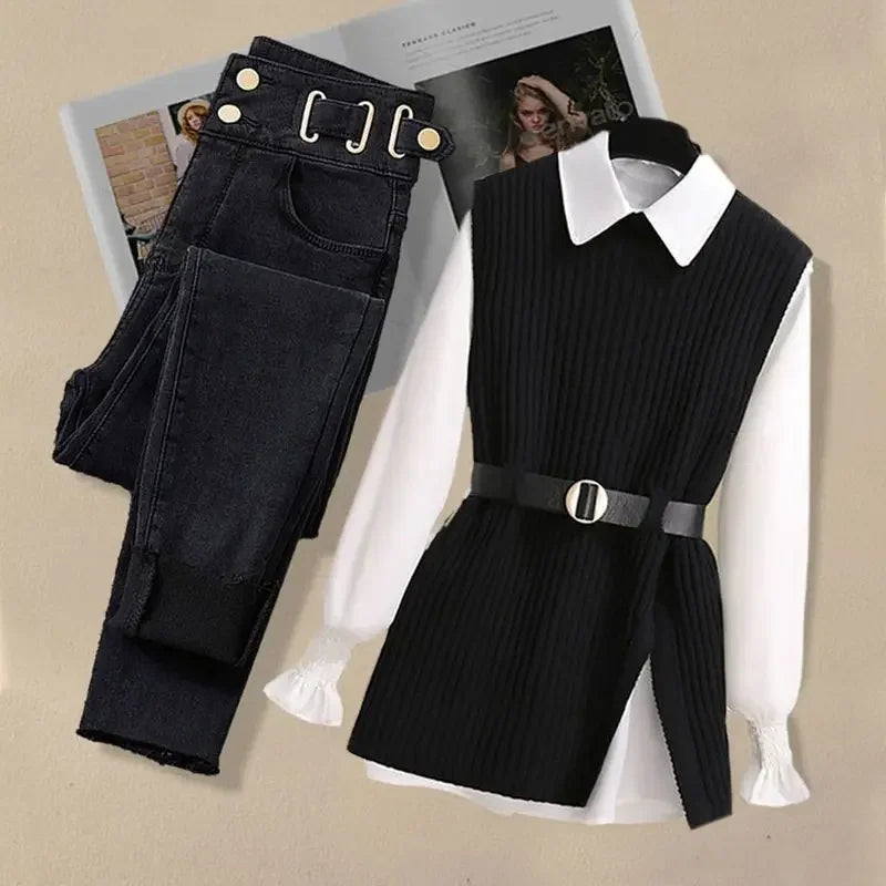 Damen-Strickwestenhemd, vielseitige Jeans, dreiteiliges Set, Slim Fit-Strickwaren