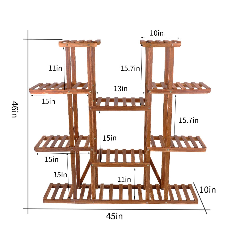 Großer 11-stufiger Pflanzenständer aus Holz, karbonisiert, hoch, breiter Topf, Regalhalter
