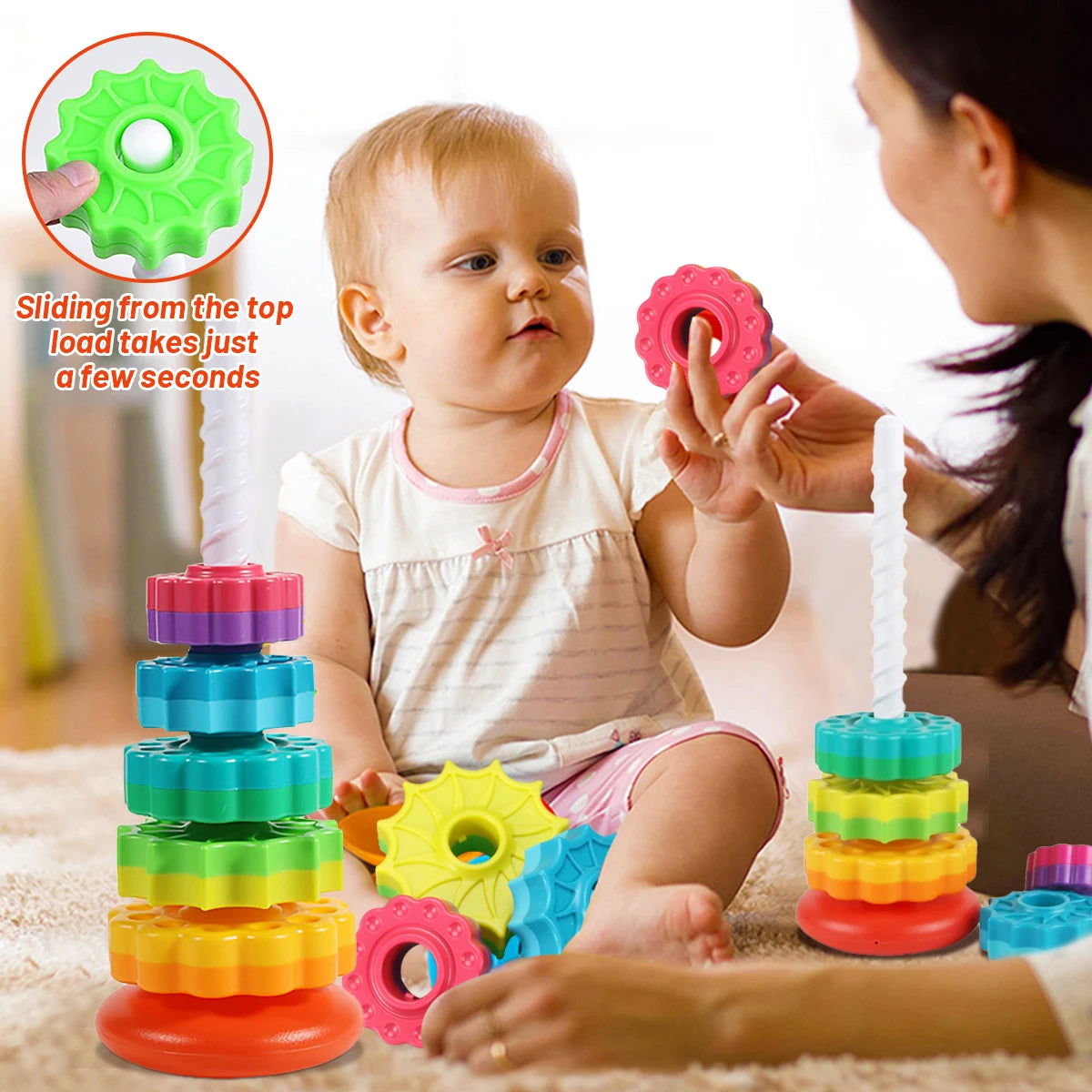 Montessori Rotierender Regenbogenturm Baby Stapelpuzzle Spielzeug
