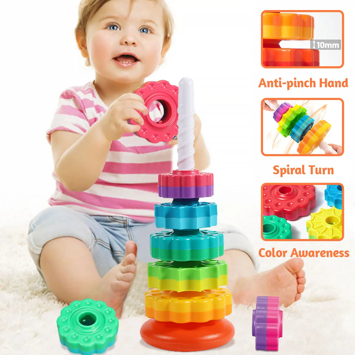 Montessori Rotierender Regenbogenturm Baby Stapelpuzzle Spielzeug