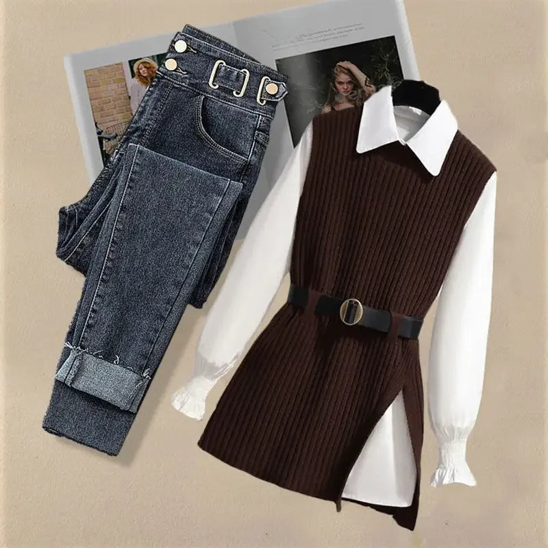 Damen-Strickwestenhemd, vielseitige Jeans, dreiteiliges Set, Slim Fit-Strickwaren