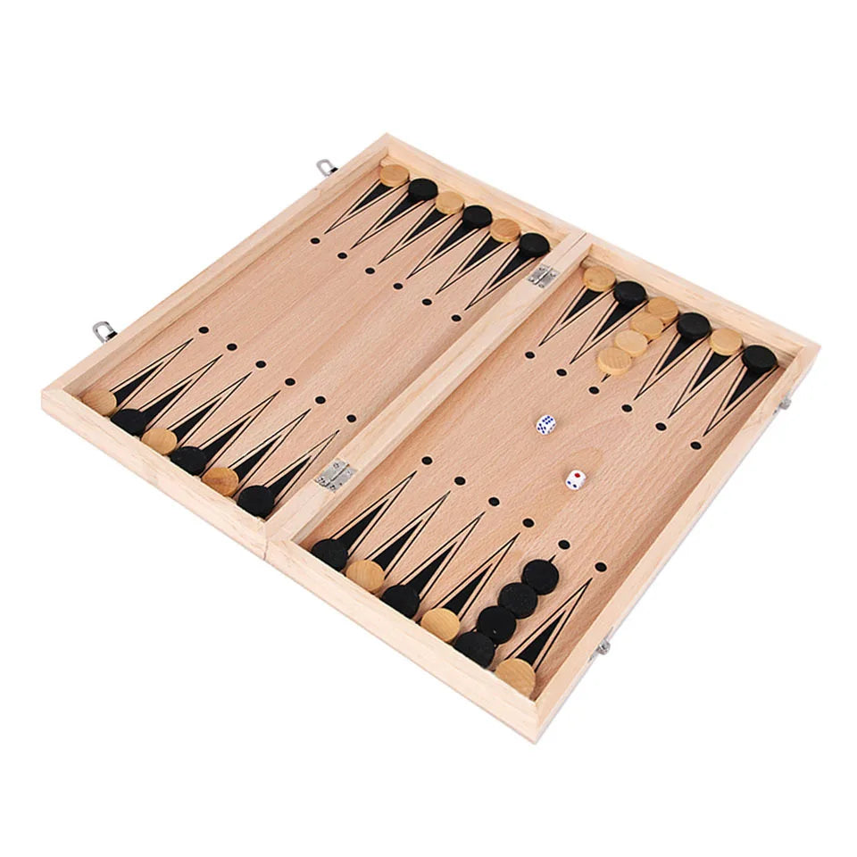 3-in-1-Schachbrett aus Holz (Schach + Dame und Backgammon)