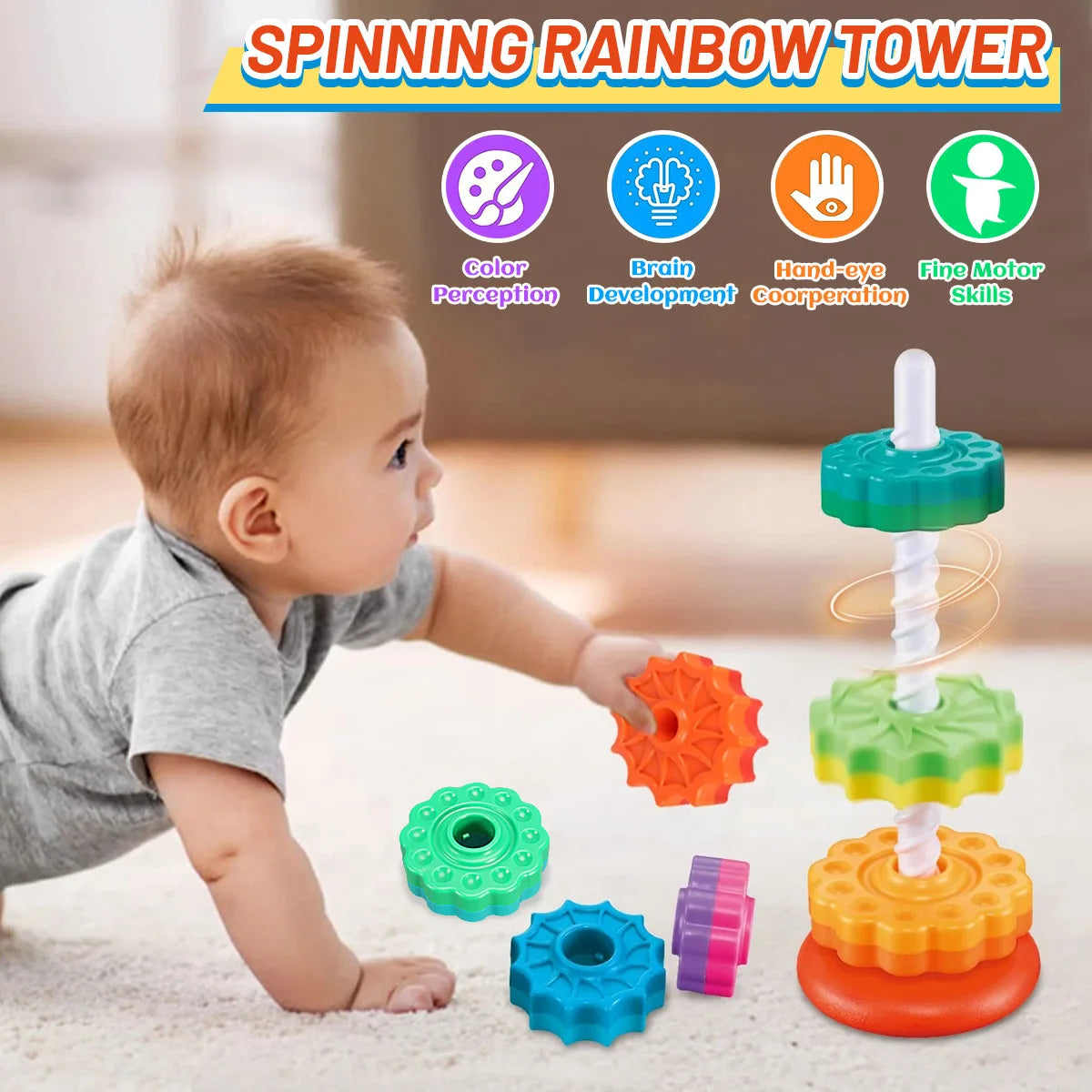 Montessori Rotierender Regenbogenturm Baby Stapelpuzzle Spielzeug