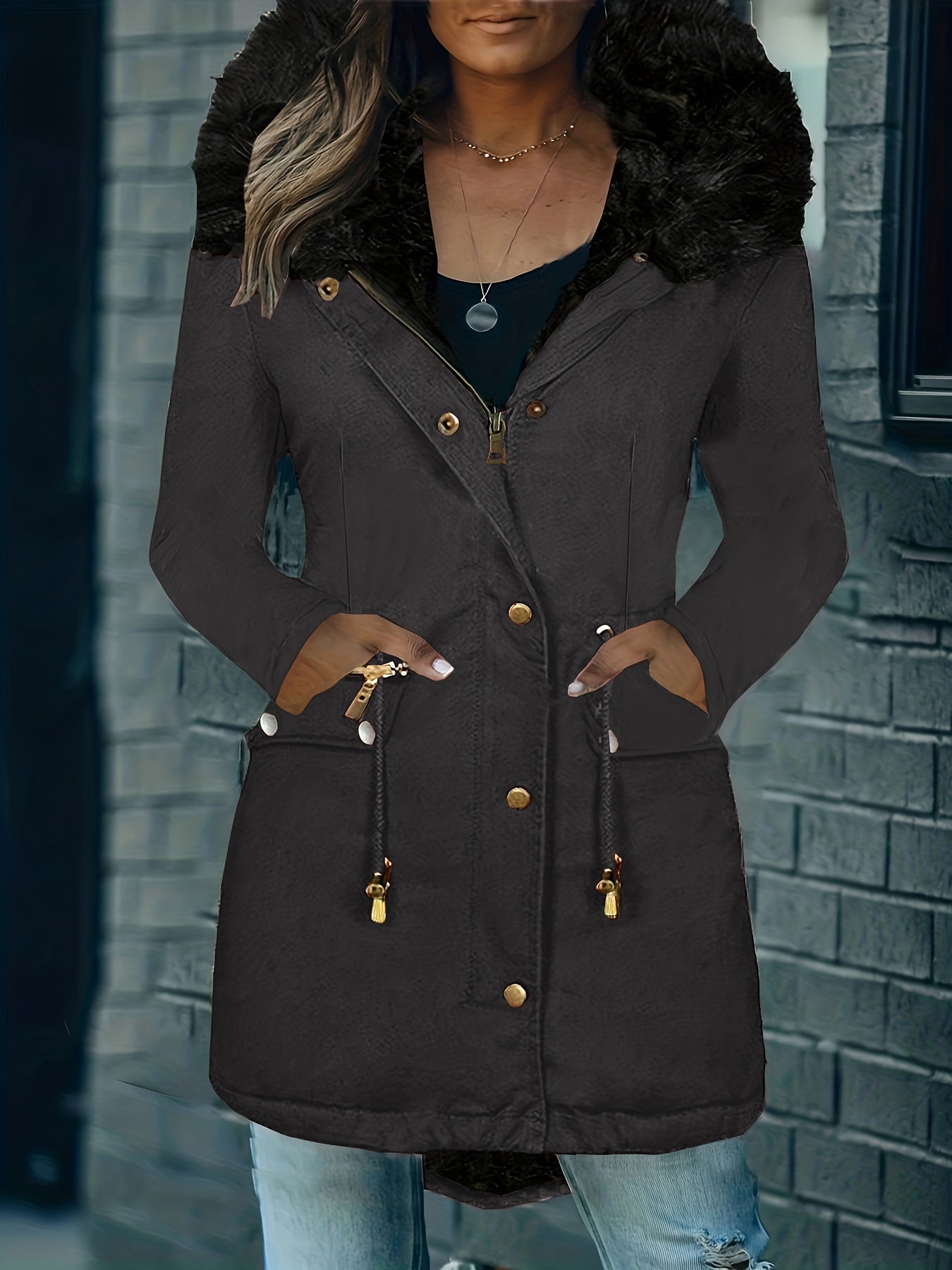 Zip-up Fuzzy Parka-Mantel mit Kapuze und Reißverschluss für Damen