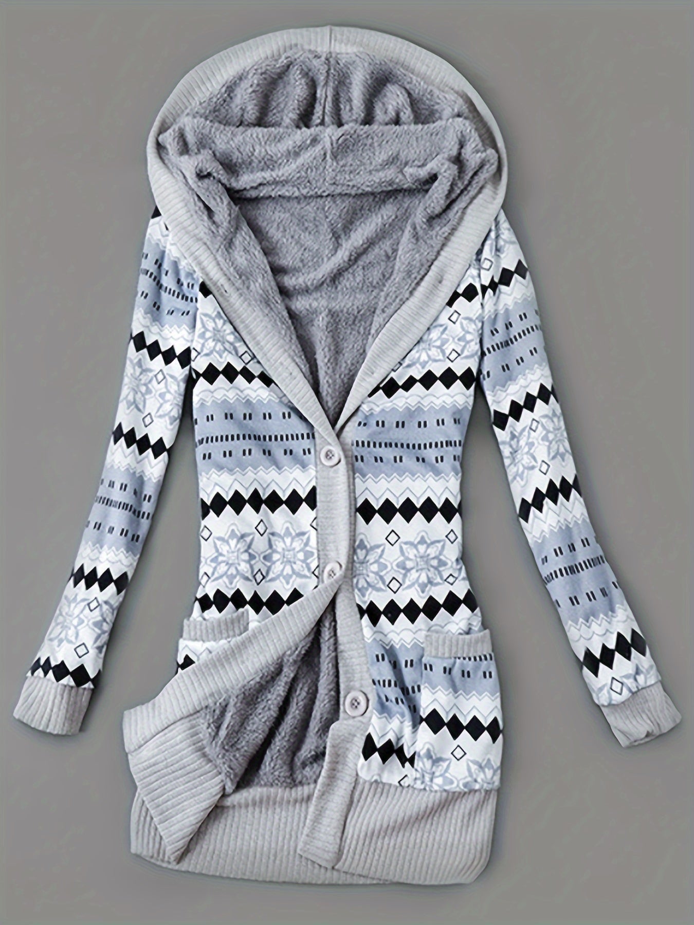 Kapuzenpullover mit Knopfleiste vorne und Geo-Print, lässiger, langärmeliger Cardigan