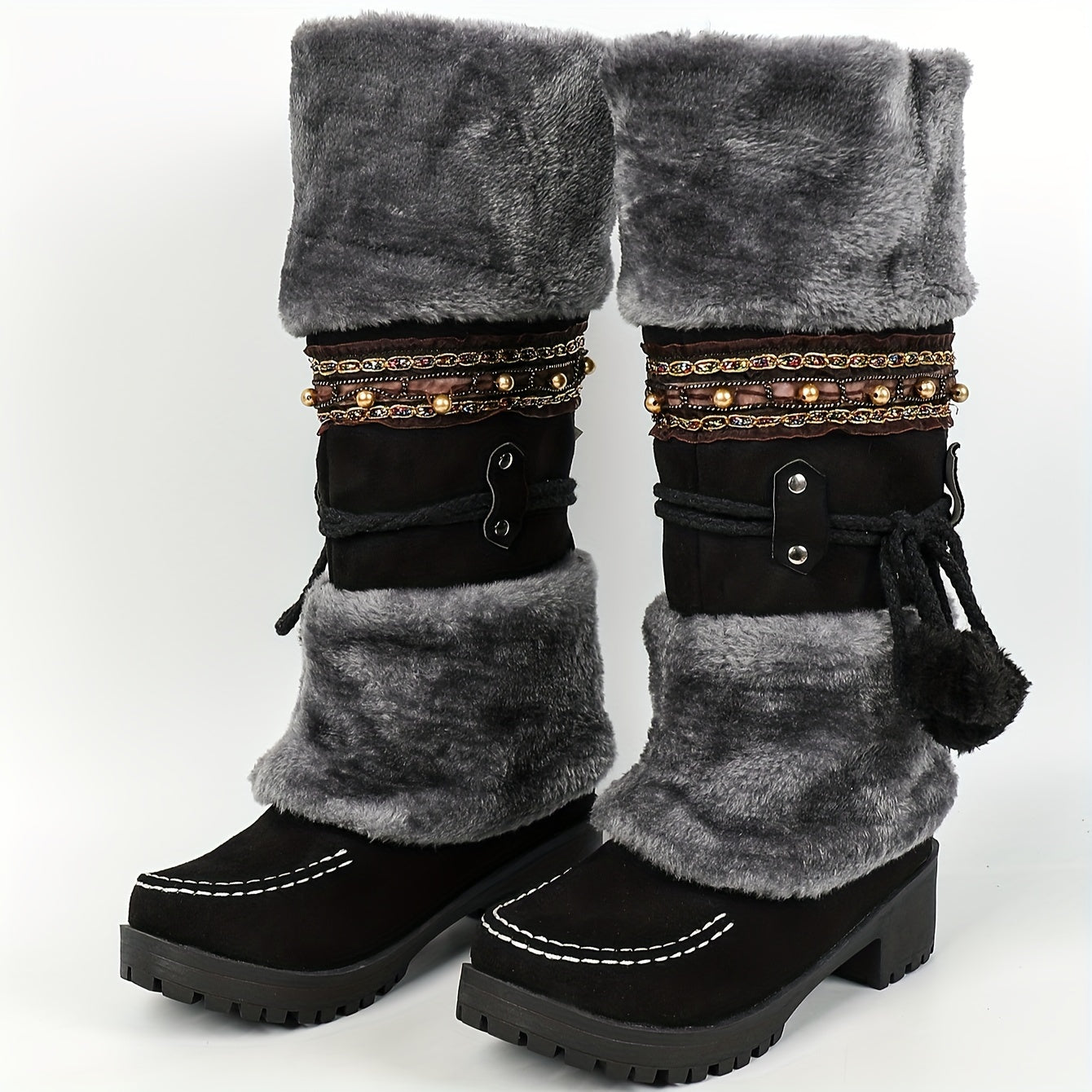 Retro-Schneestiefel für Damen, Stiefel mit Fleece-Pom-Pom-Dekor