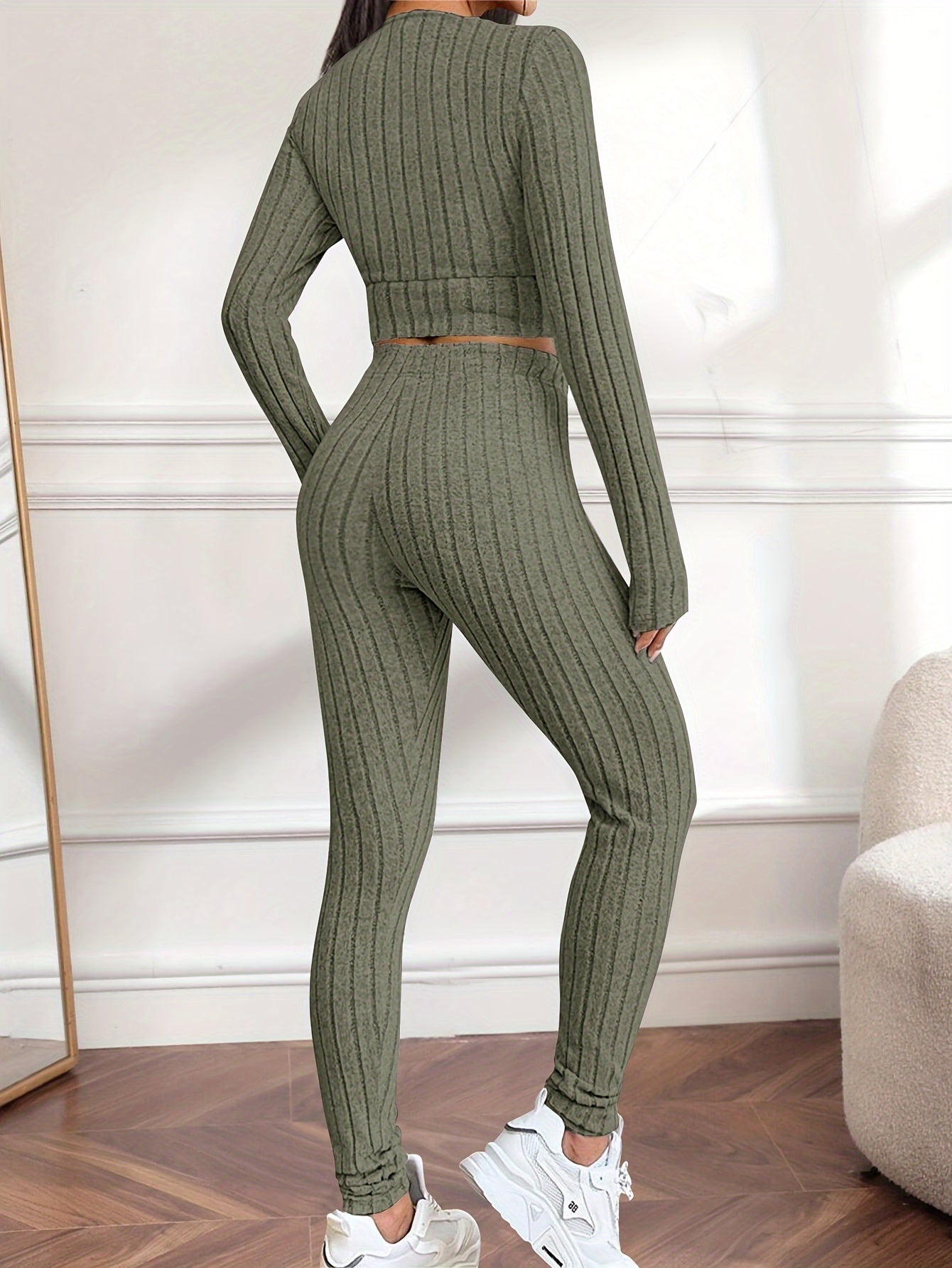 lässiges zweiteiliges Set, V-Ausschnitt, langärmeliges bauchfreies Top und Hose