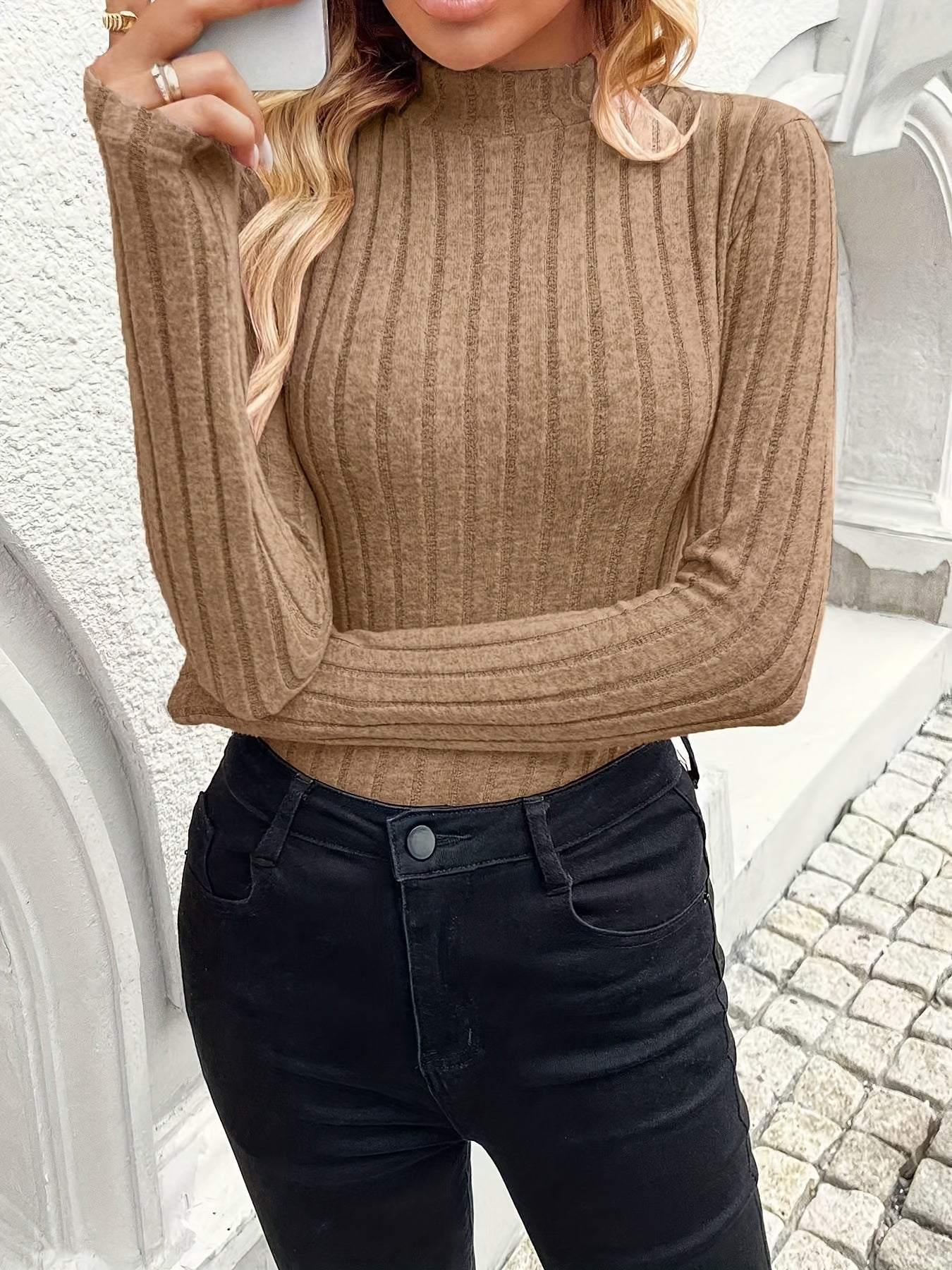 Einfarbiges Long-Shirt mit Rundhalsausschnitt, Pullover Rollkragen