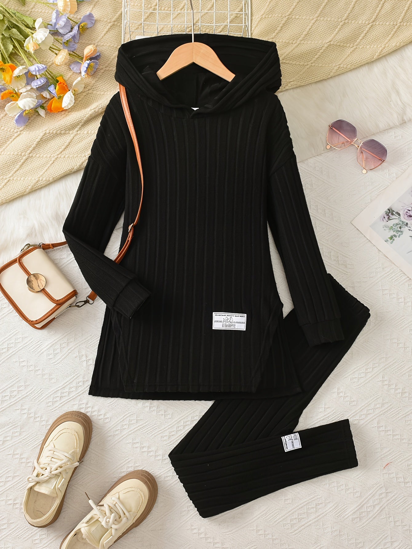 2-teiliges Set für Mädchen, Langarm-Kapuzenpullover und dehnbare Hose