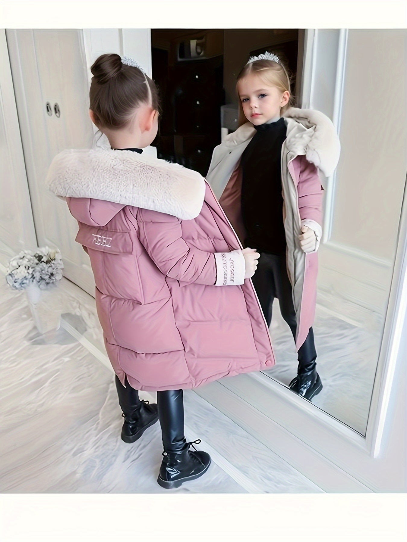 Trendy Mädchenjacke mit pelzigem Kapuzenkragen und langer Polyesterwattierung