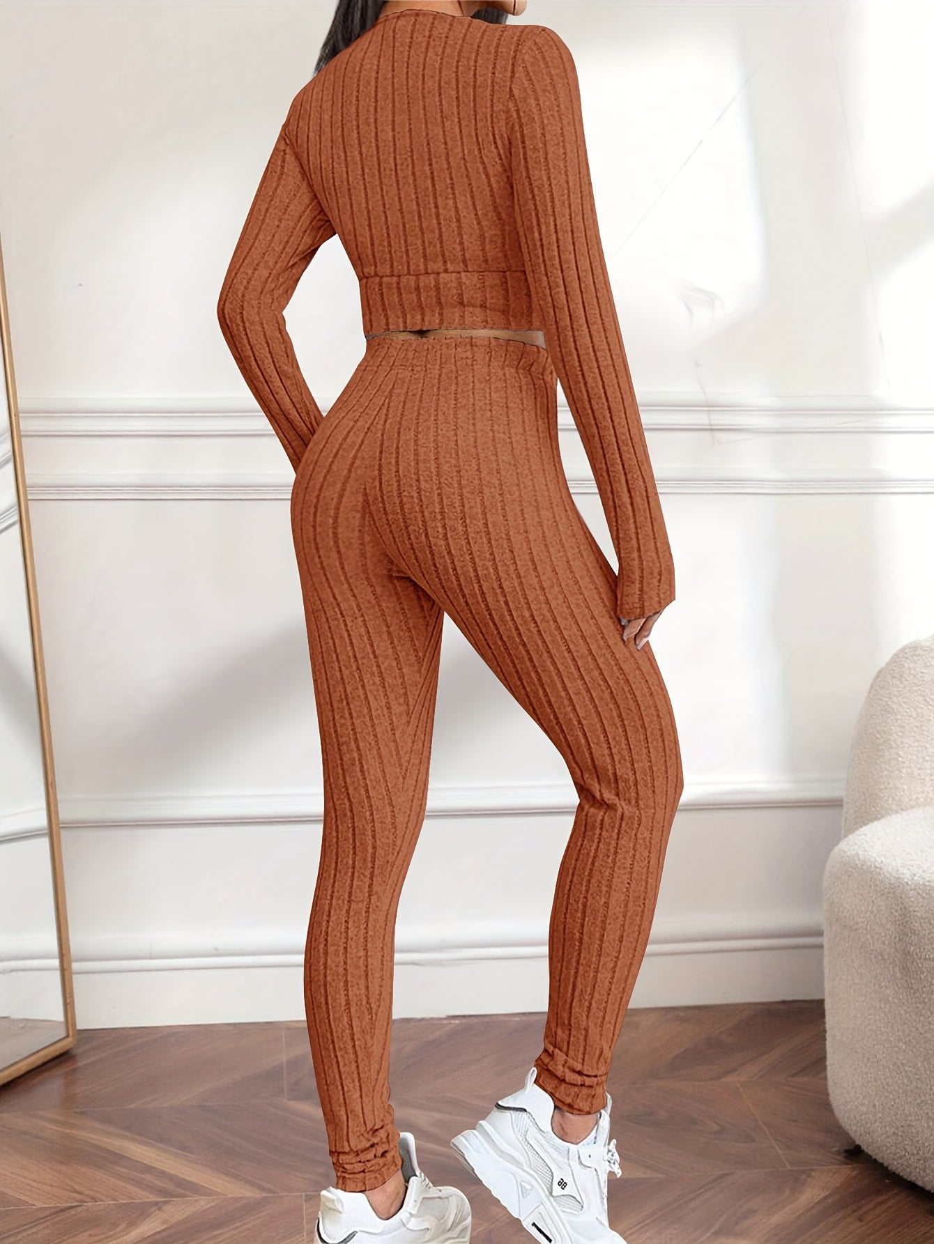 lässiges zweiteiliges Set, V-Ausschnitt, langärmeliges bauchfreies Top und Hose