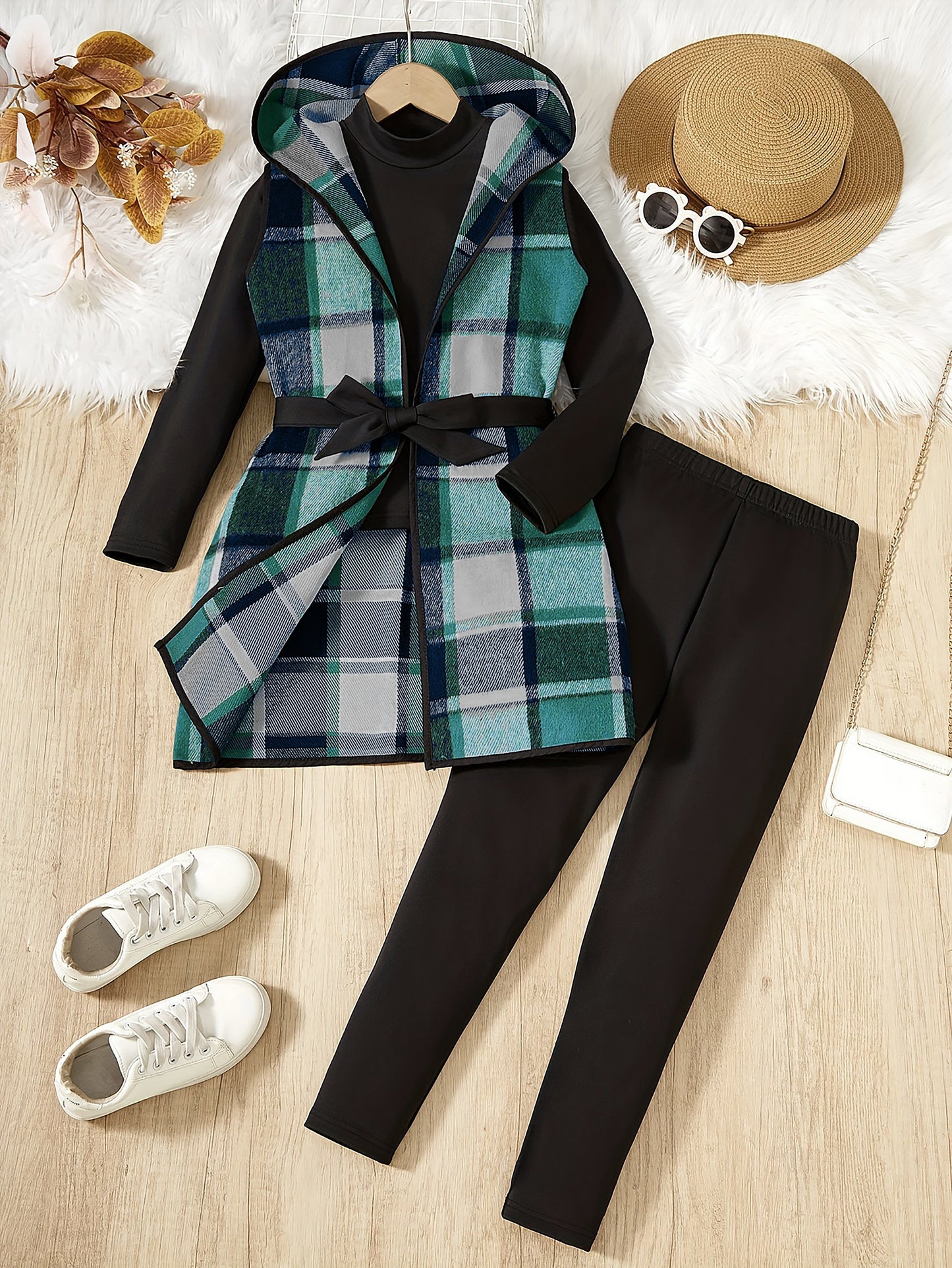 3-teiliges Mädchen-Set, elegante karierte Kapuzenweste + Langarmpullover + Hose