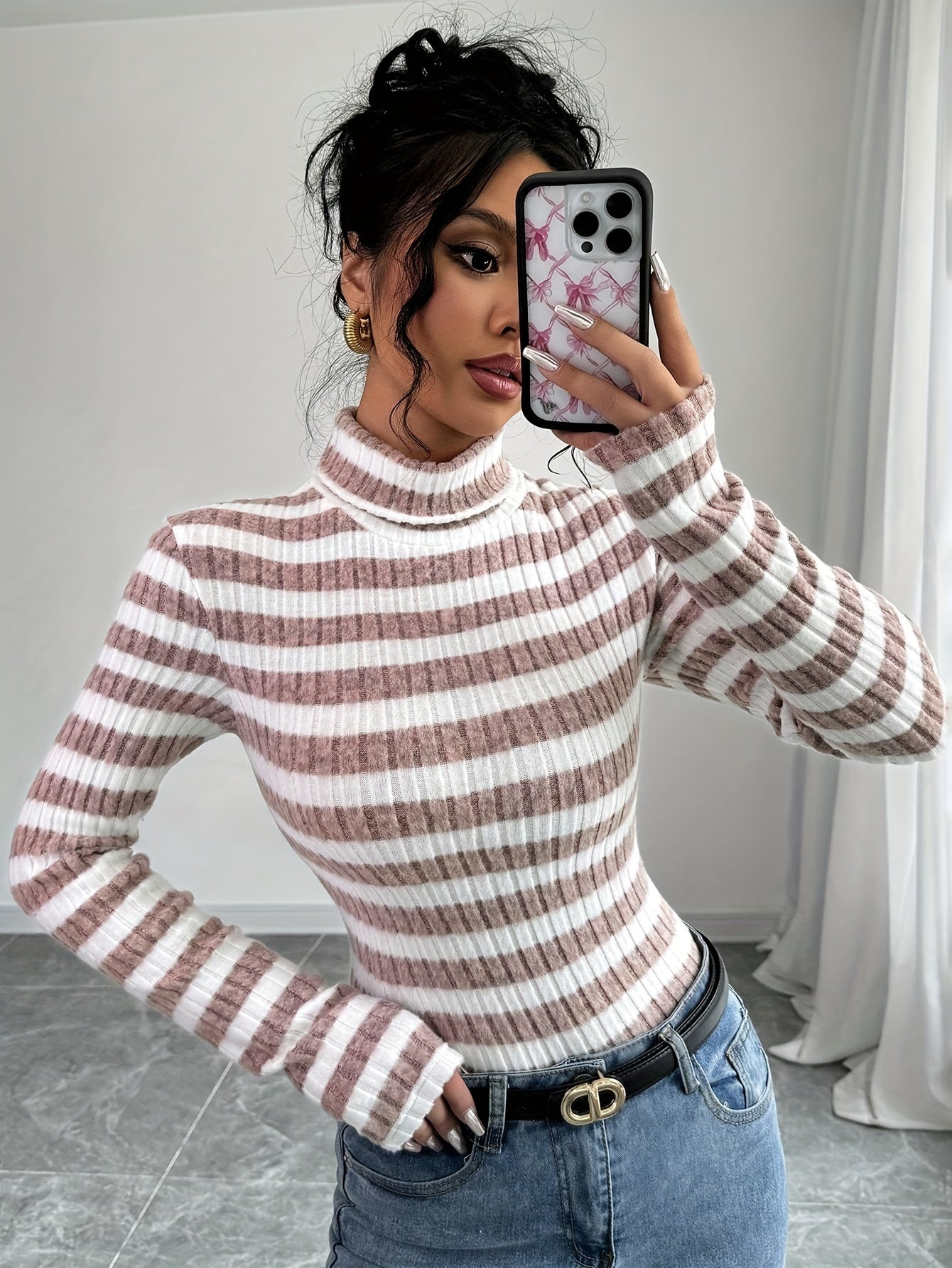 Rollkragenpullover aus Strick mit Streifenmuster für Damen