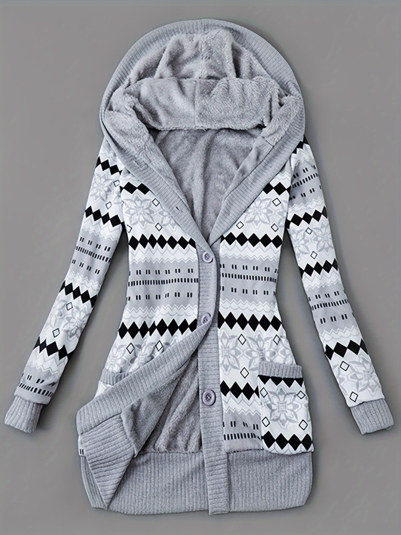 Kapuzenpullover mit Knopfleiste vorne und Geo-Print, lässiger, langärmeliger Cardigan