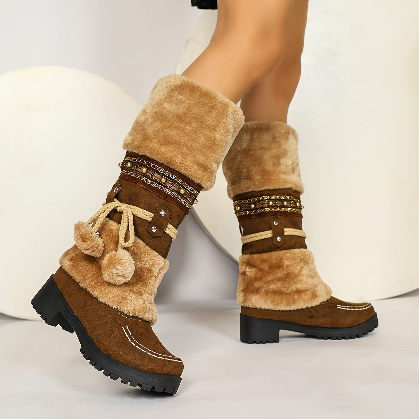 Retro-Schneestiefel für Damen, Stiefel mit Fleece-Pom-Pom-Dekor
