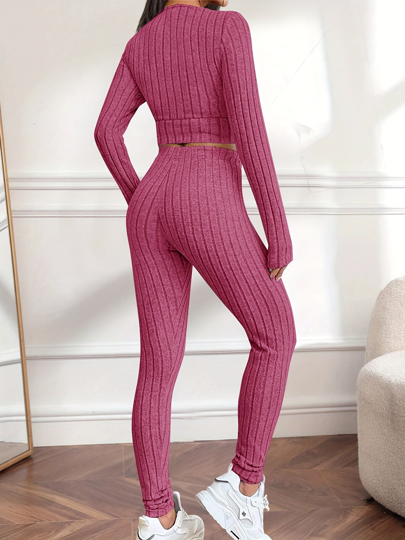 lässiges zweiteiliges Set, V-Ausschnitt, langärmeliges bauchfreies Top und Hose