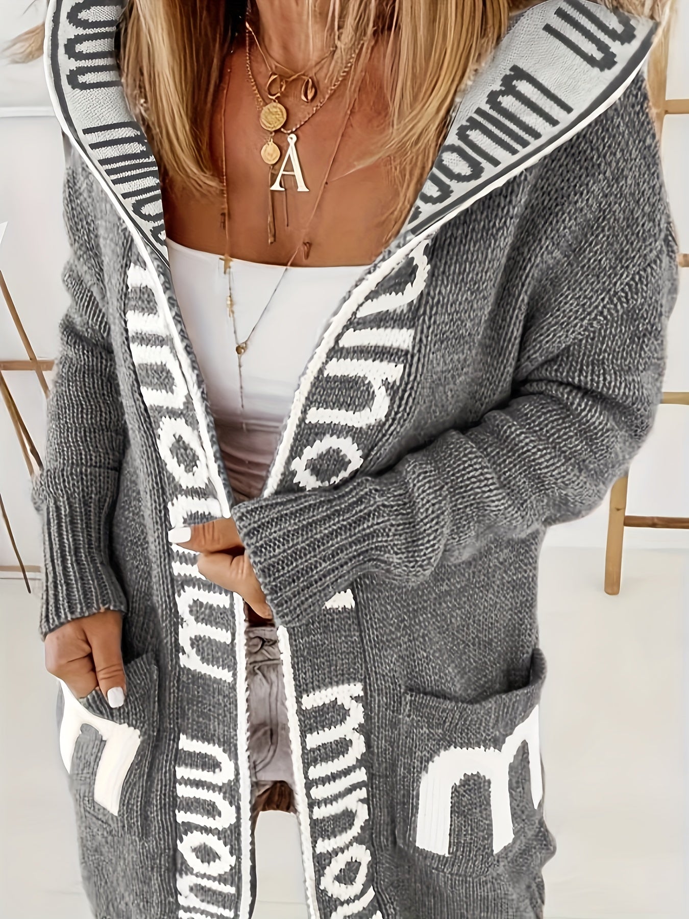 Strickjacke mit Wasserfallkragen, Langarmpullover mit Kapuze und Taschen