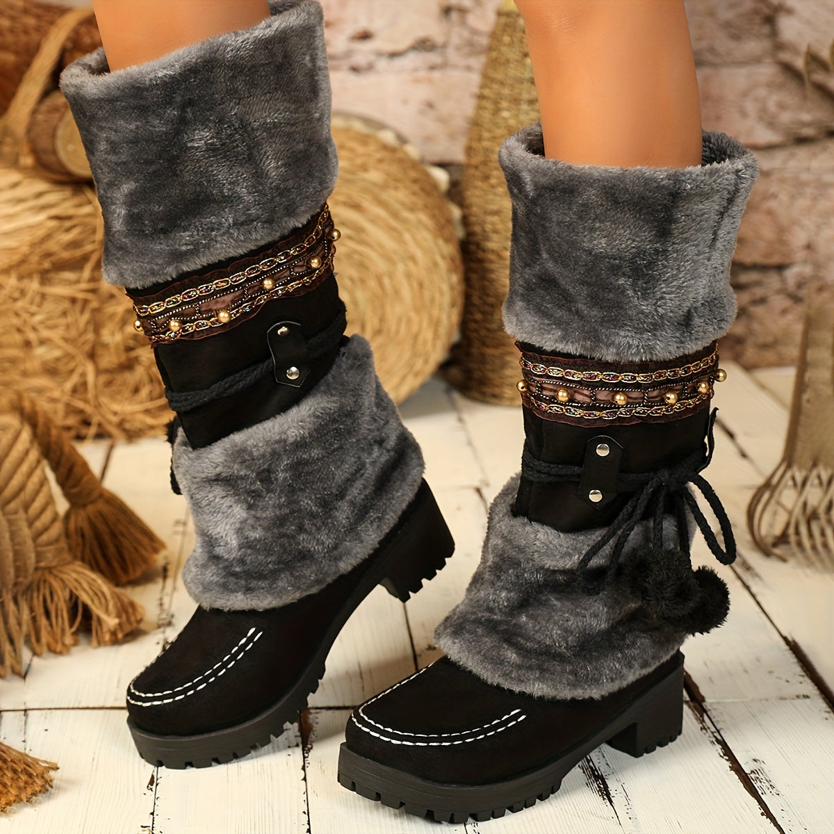 Retro-Schneestiefel für Damen, Stiefel mit Fleece-Pom-Pom-Dekor