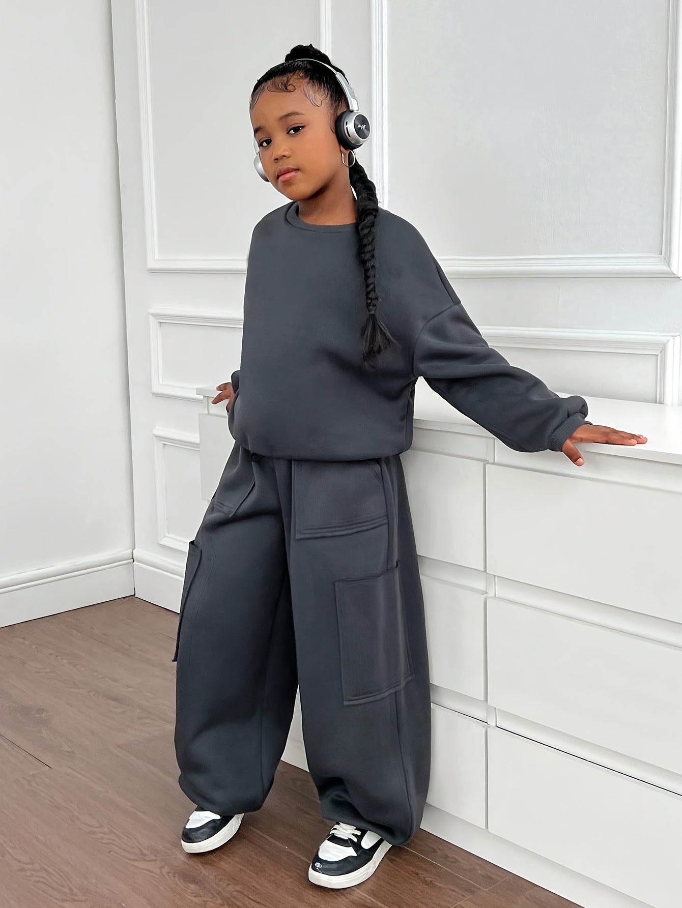 Street Style Girl's 2-tlg., bequemes Langarm-Sweatshirt + Cargohose Hip Hop