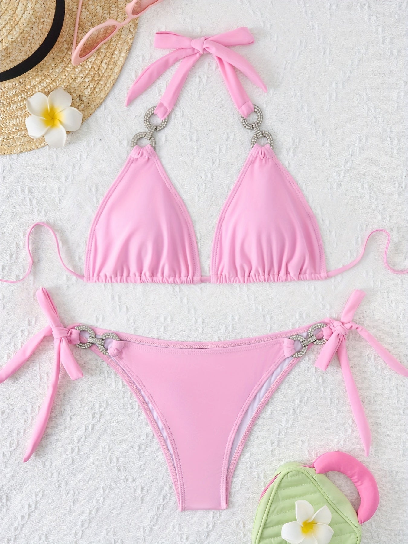 2-teiliges Bikini-Set mit Neckholder und Kettengliedern und Bindeband