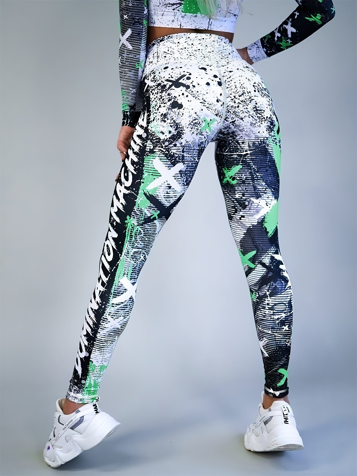 Yoga-Sport-Leggings mit hoher Taille, Farbblock-Graffiti-Design, Po-Lifting