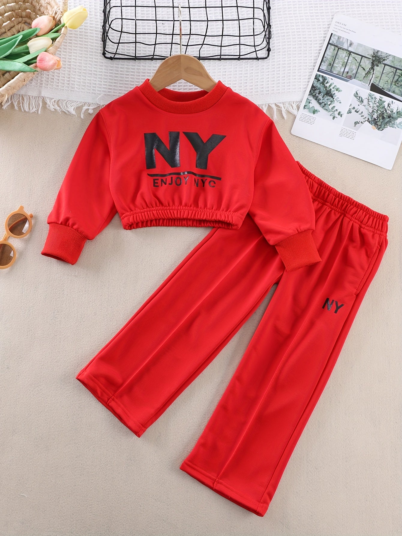 Einfarbige Outfits für Mädchen, 2-teilig, Pullover + Hose mit weitem Bein