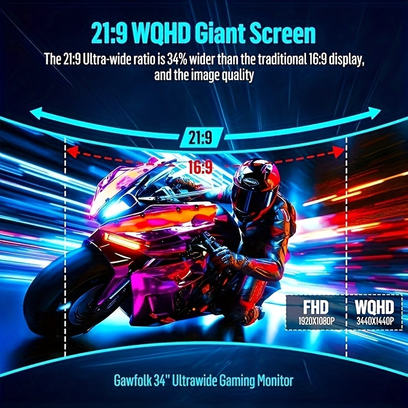 Gawfolk Curved Gaming Monitor 34 Zoll UWQHD 3440x1440P, 1500R Ultra Wide