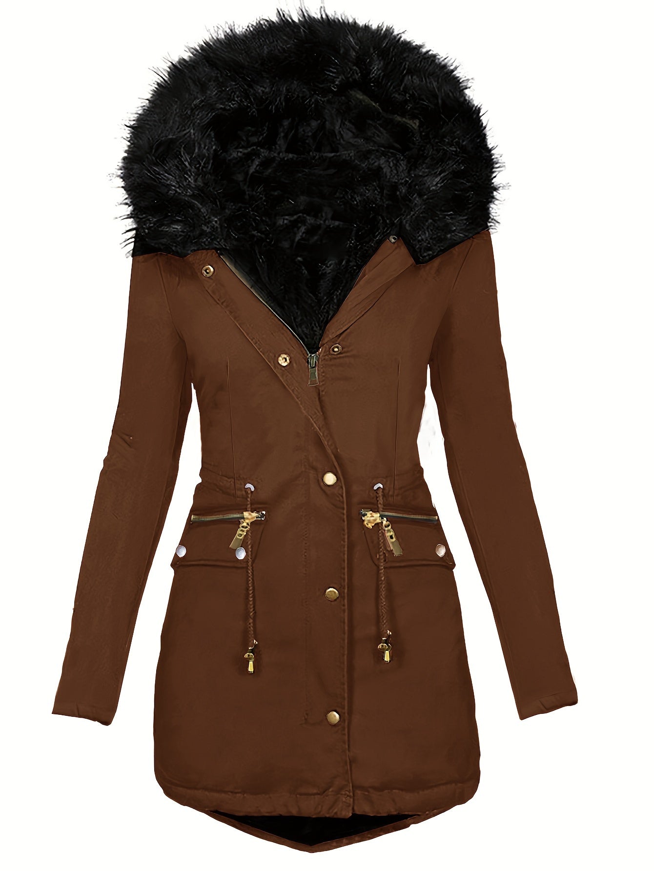 Zip-up Fuzzy Parka-Mantel mit Kapuze und Reißverschluss für Damen