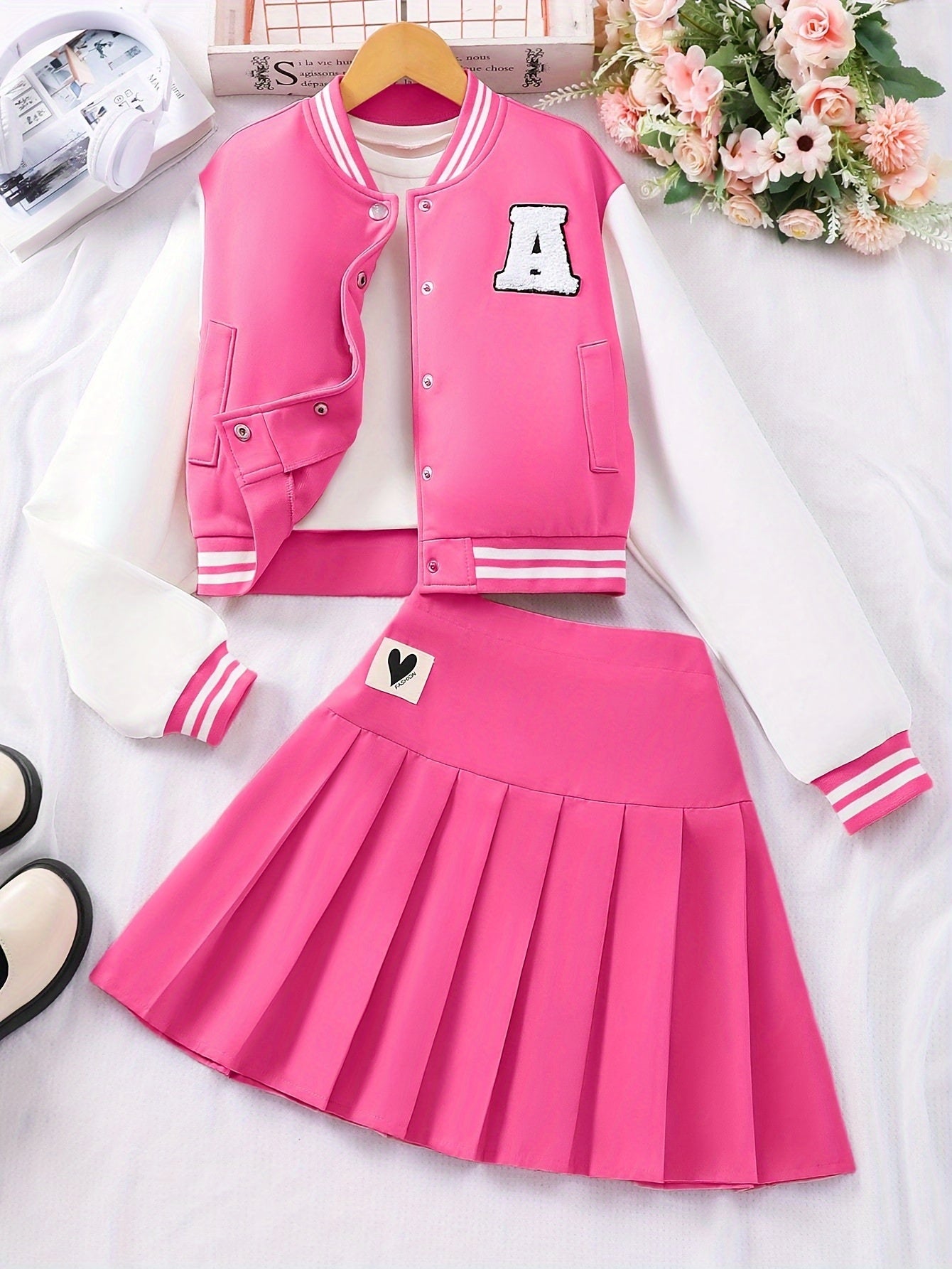 Preppy-Set aus Baseballjacke und Faltenrock für Mädchen – Lange Ärmel