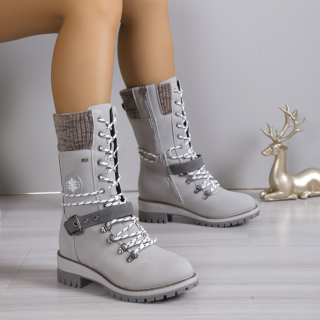 Modische Thermo-Stiefel für Damen, gestrickte Stiefel mit seitlichem Reißverschluss
