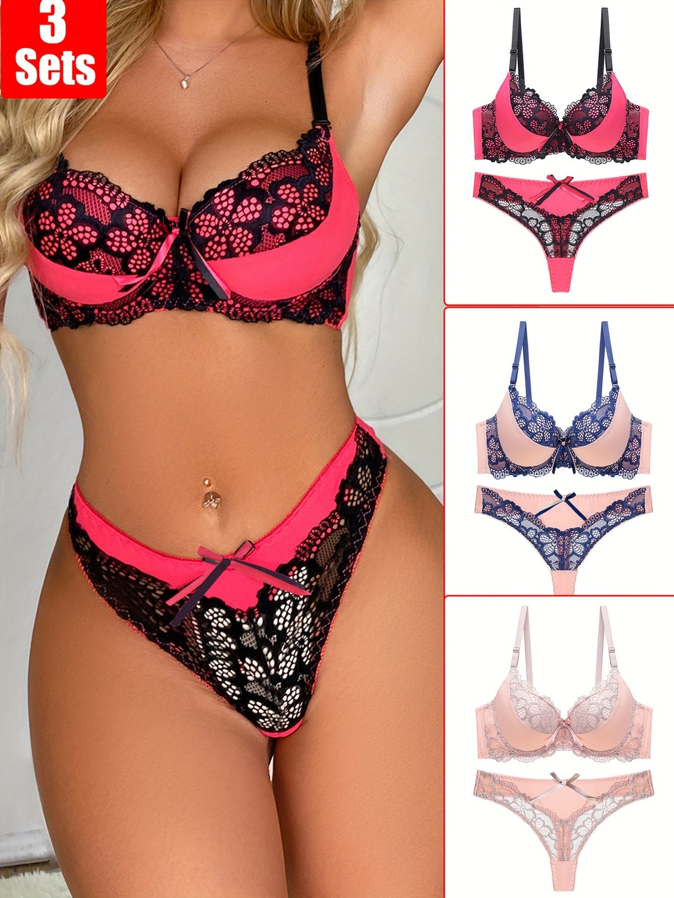 3er-Set, sexy Dessous-Set, Farbblock-Spitzen-Camisole-BH und Höschen
