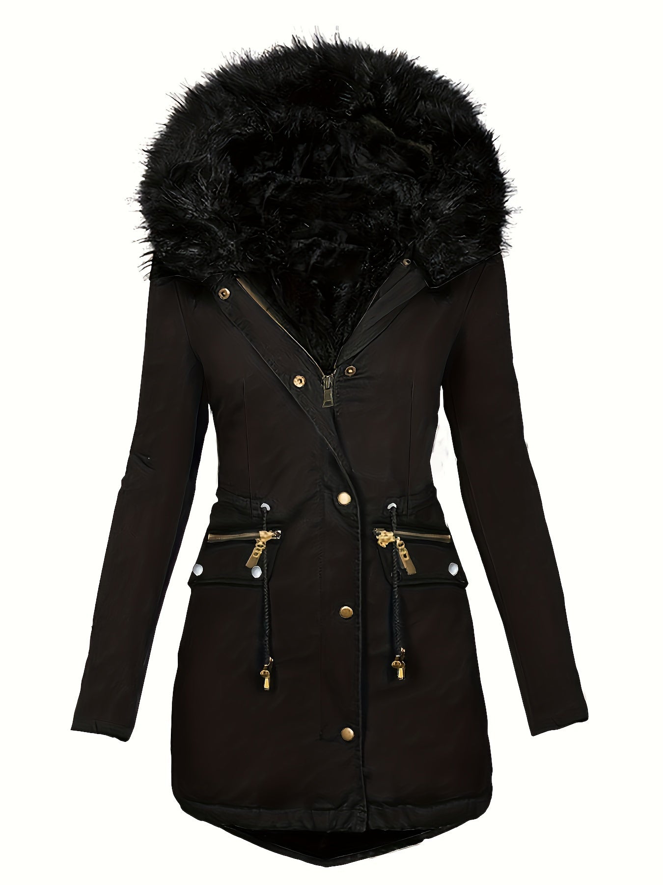 Zip-up Fuzzy Parka-Mantel mit Kapuze und Reißverschluss für Damen