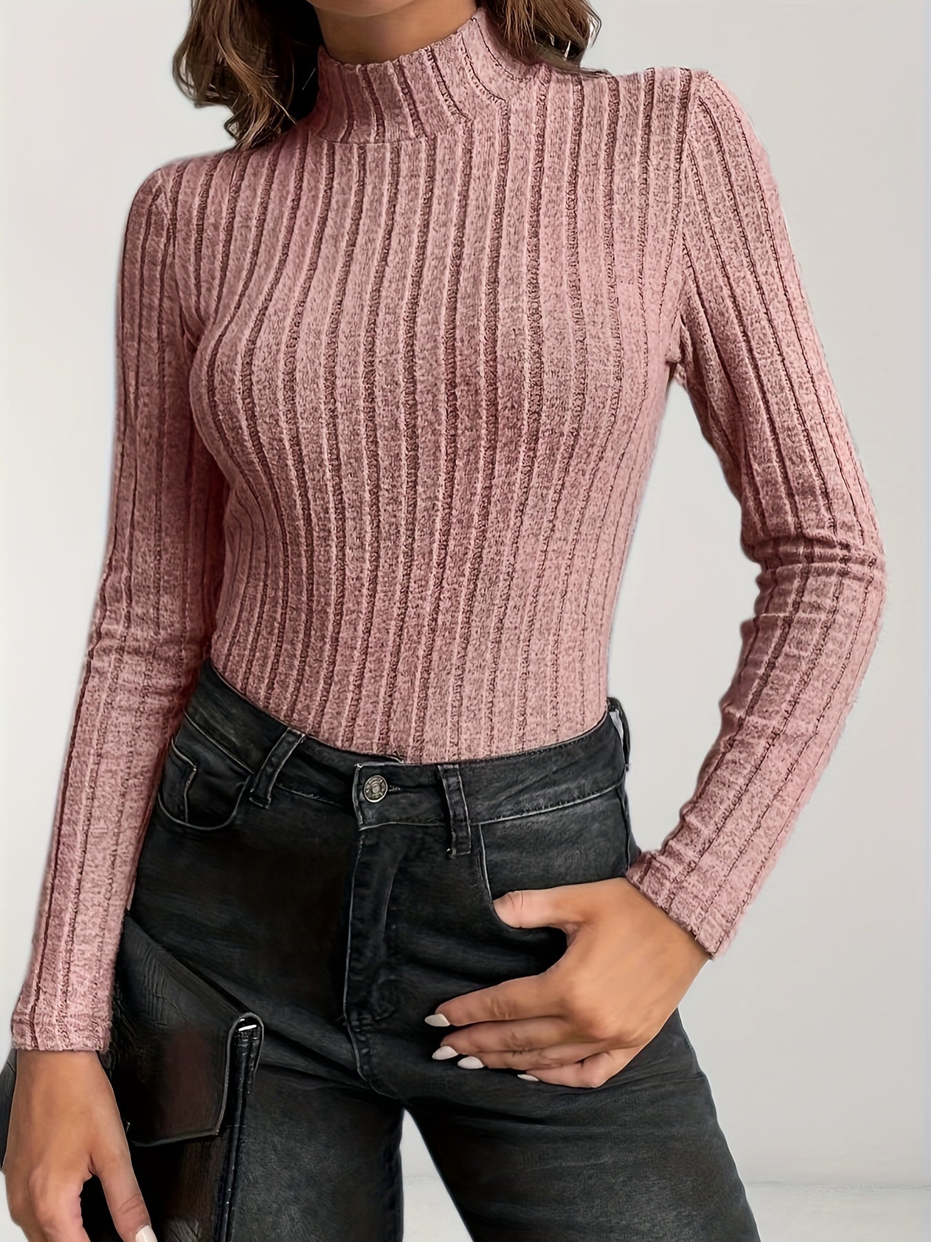 Einfarbiges Long-Shirt mit Rundhalsausschnitt, Pullover Rollkragen