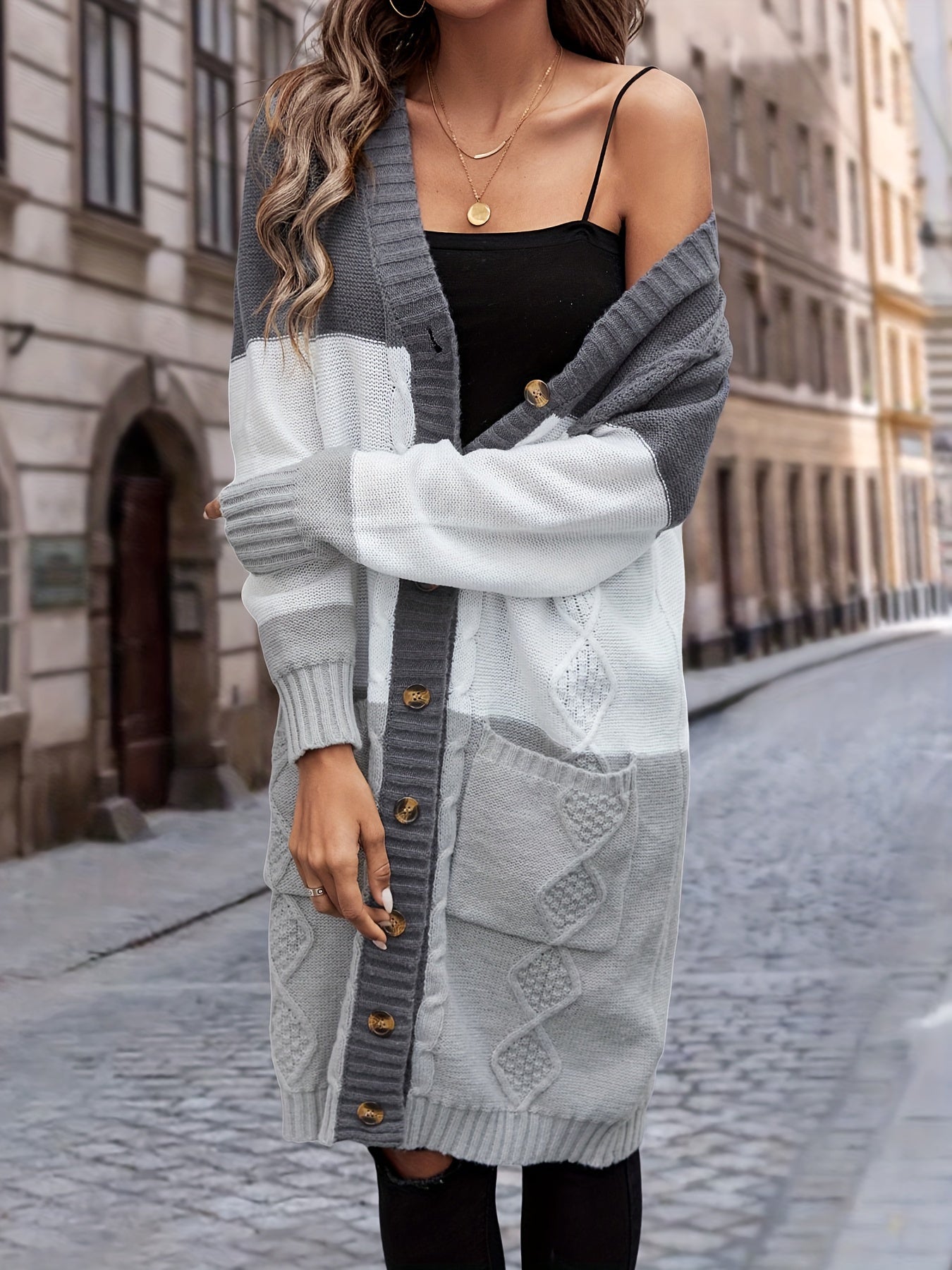 Strickjacke mit Knopfleiste, lässiger Langarm-Longline-Pullover mit Tasche