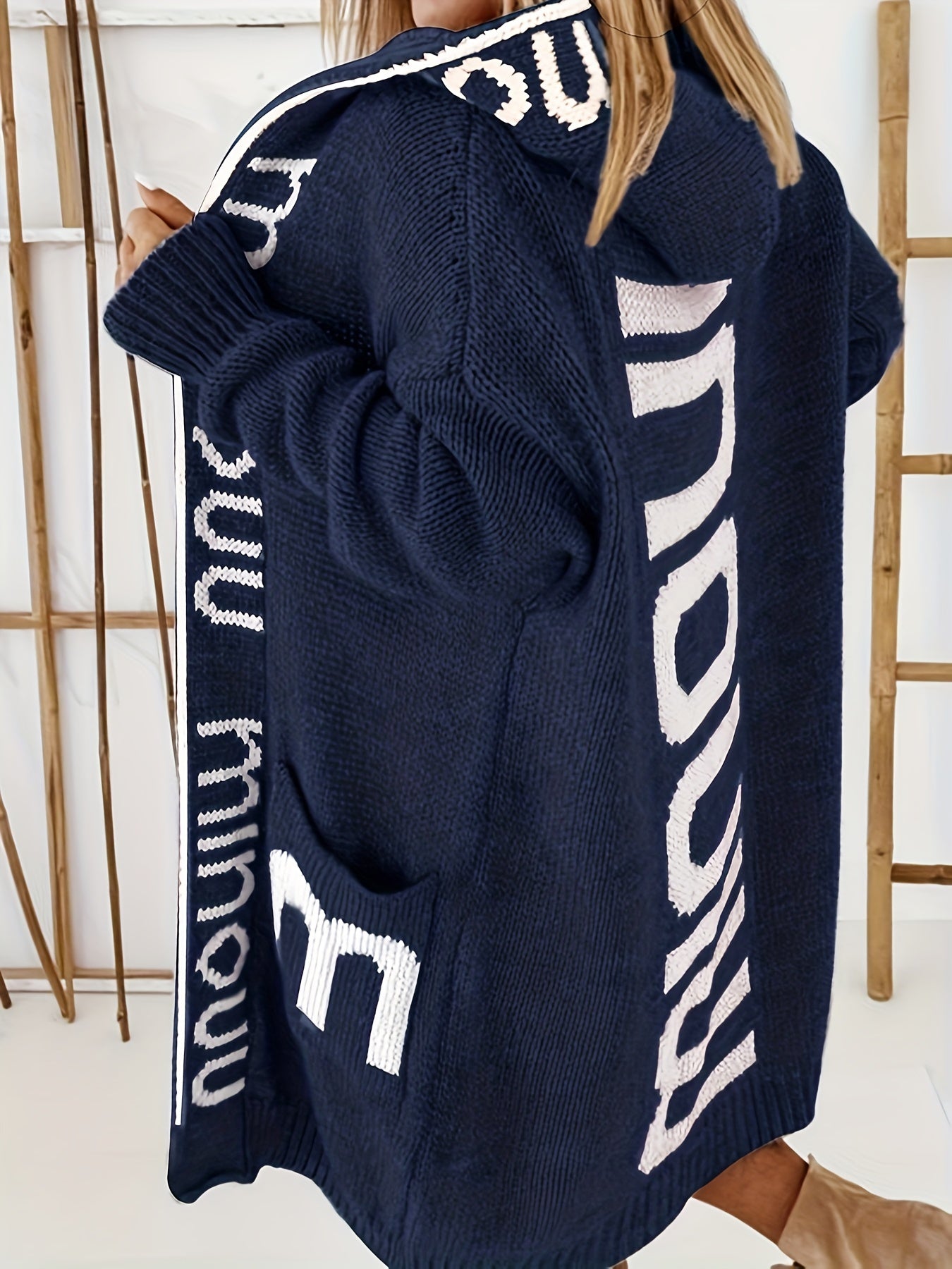 Strickjacke mit Wasserfallkragen, Langarmpullover mit Kapuze und Taschen