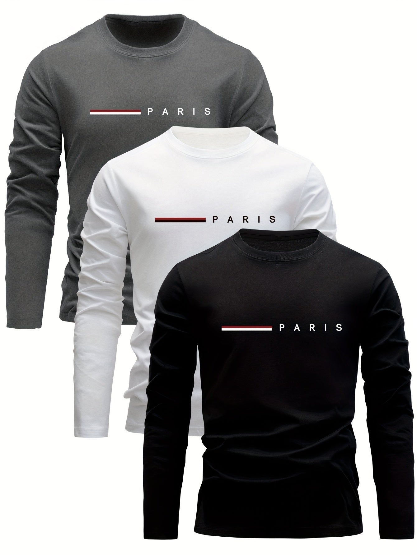 3-teiliges Langarm-Shirt Set aus Baumwolle für Herren – lässiger Rundhalsausschnitt