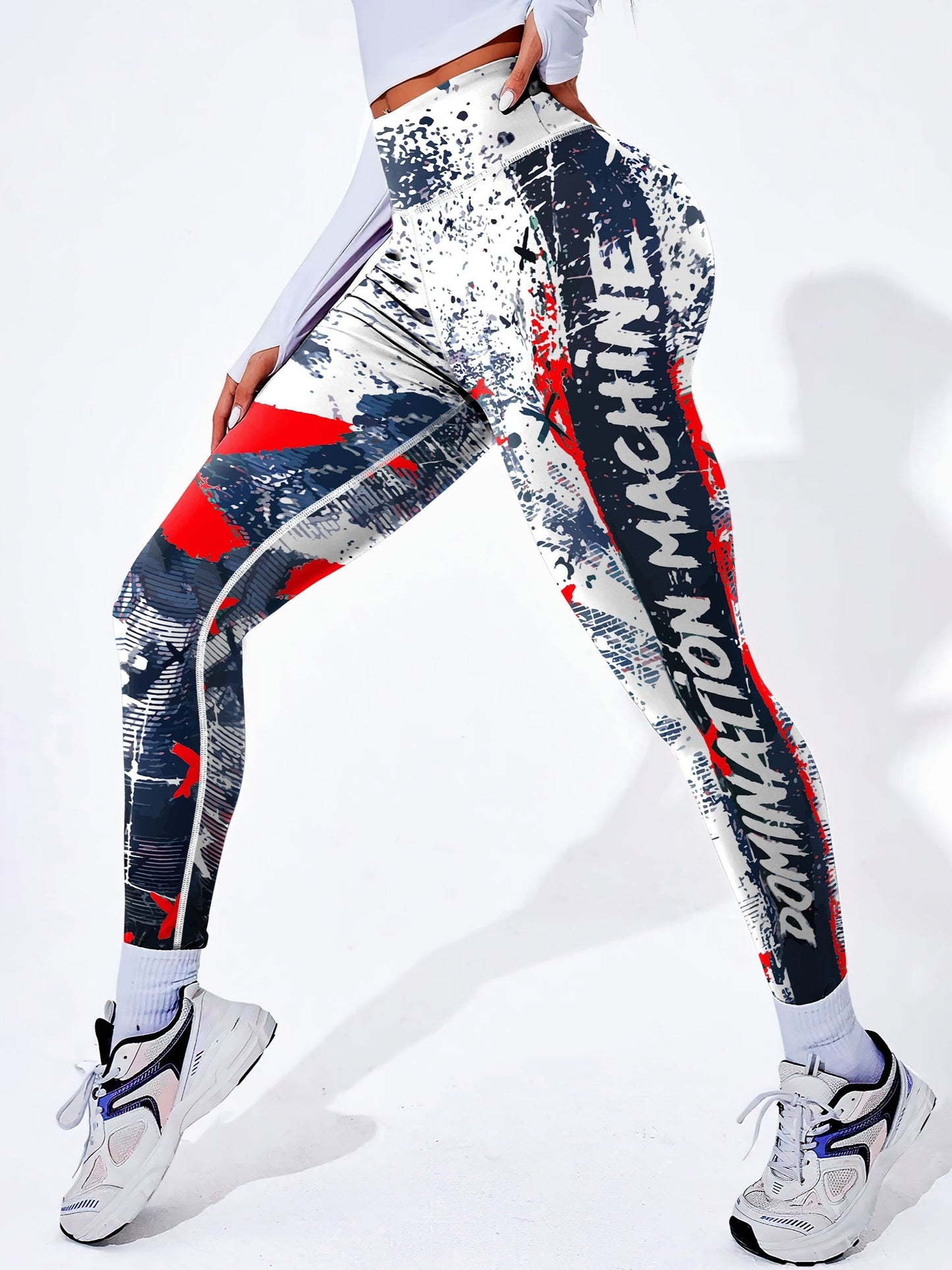 Yoga-Sport-Leggings mit hoher Taille, Farbblock-Graffiti-Design, Po-Lifting