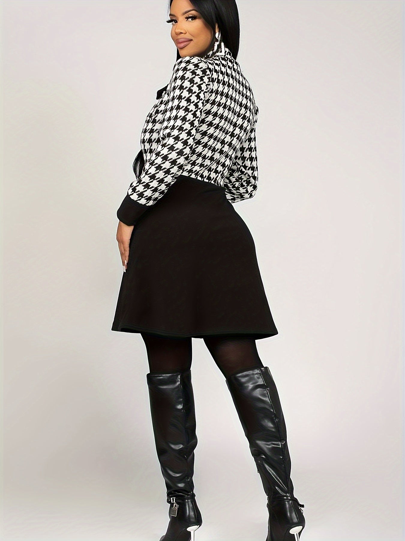 Houndstooth elegantes Reißverschluss-Langarmkleid