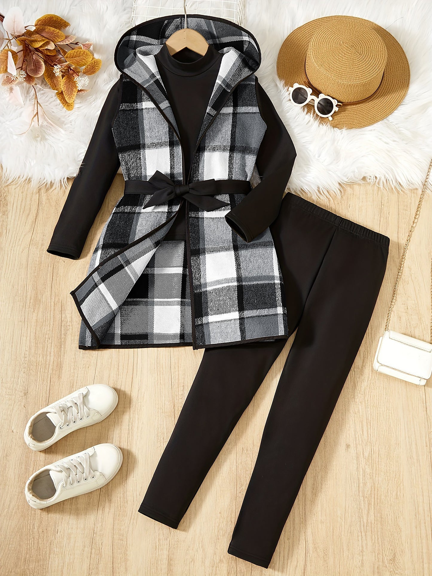 3-teiliges Mädchen-Set, elegante karierte Kapuzenweste + Langarmpullover + Hose
