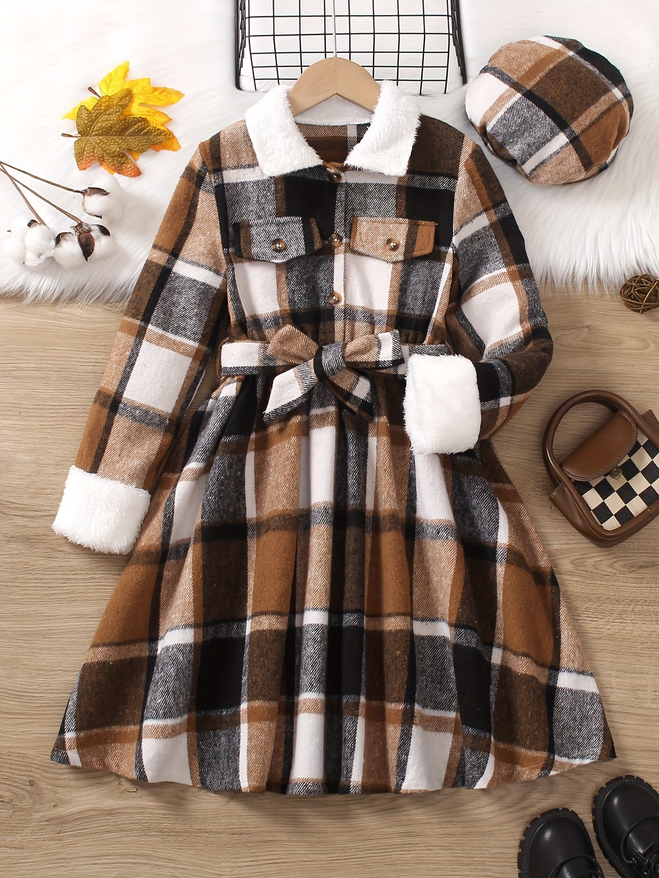 Langarmkleid aus Fleece mit Karomuster für Mädchen im mit Gürtel