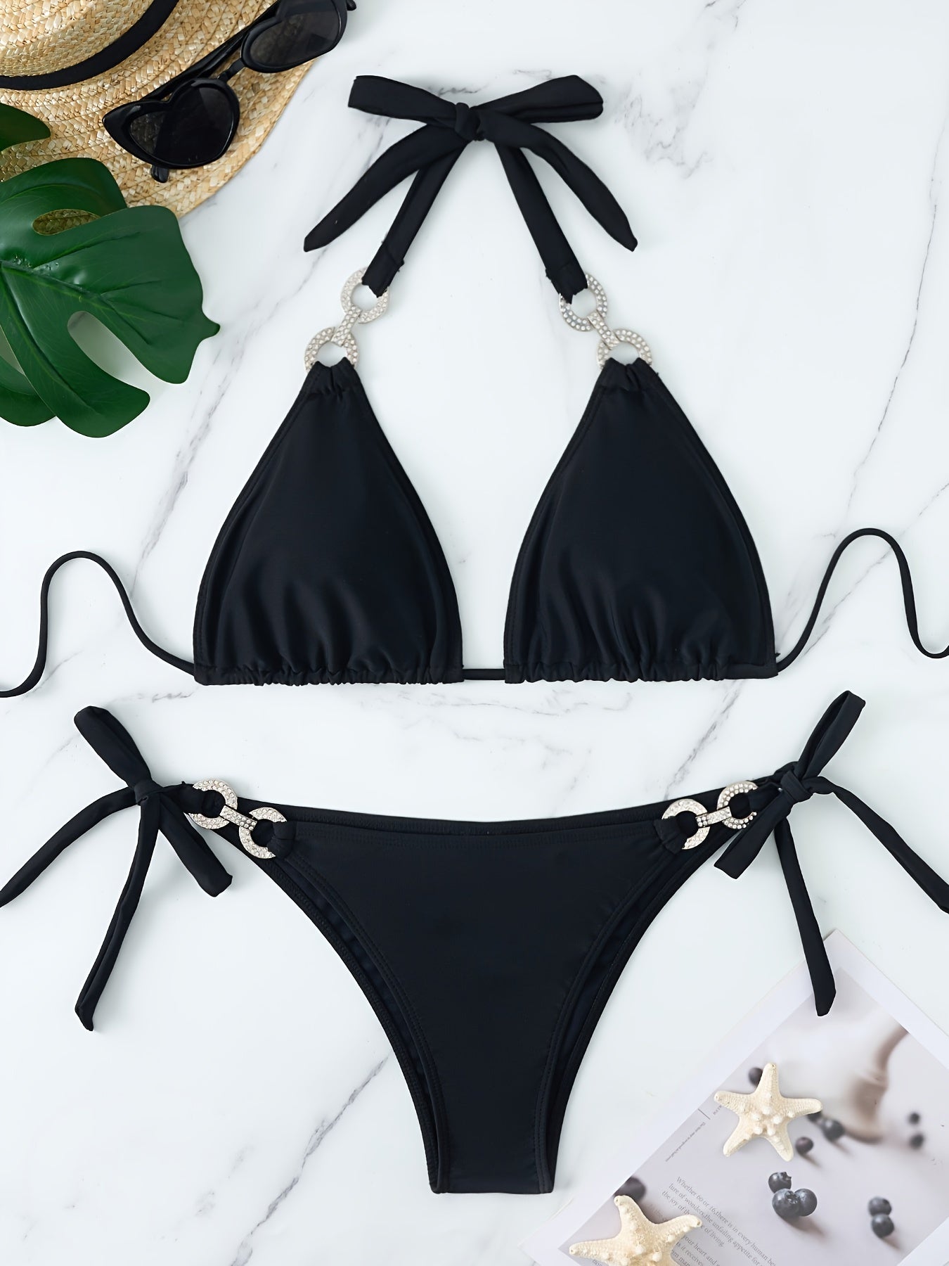2-teiliges Bikini-Set mit Neckholder und Kettengliedern und Bindeband