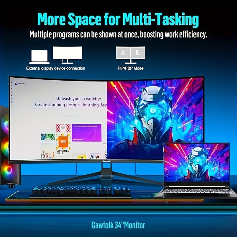 Gawfolk Curved Gaming Monitor 34 Zoll UWQHD 3440x1440P, 1500R Ultra Wide